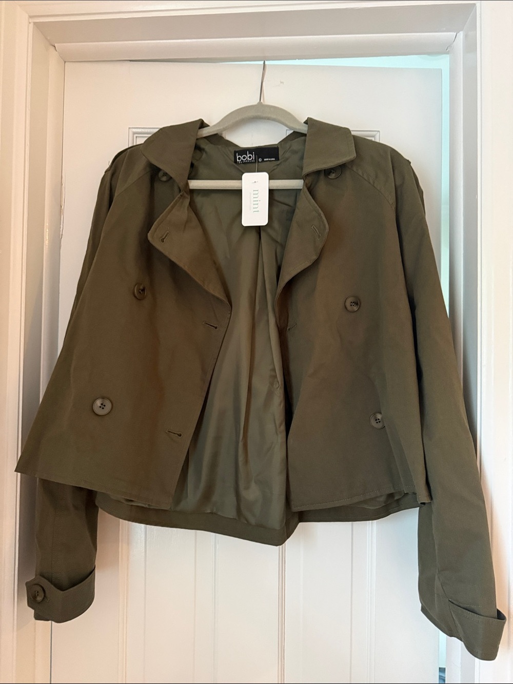 bobi Olive Cropped Double-Breasted Trench Jacket